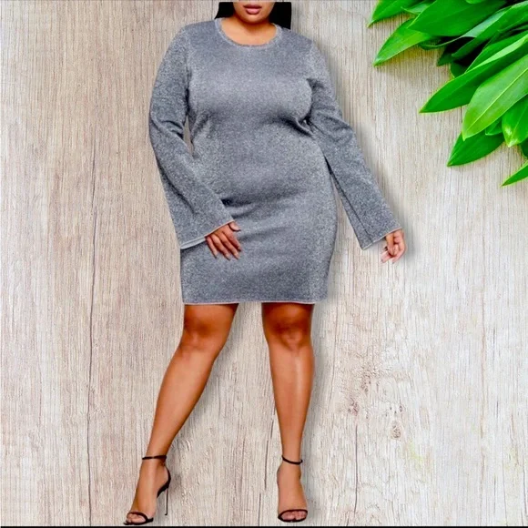 Good American Glitter Bell Sleeve Mini Dress in Silver 5 - Picture 1 of 2